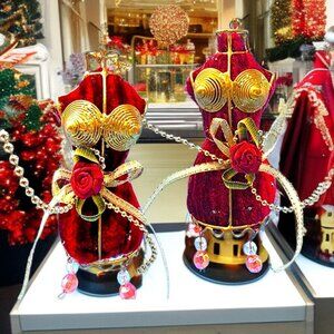 Red Velvet Dress Form Ornaments Beaded Mannequin Gold Metal Beads Ribbon Trim Br